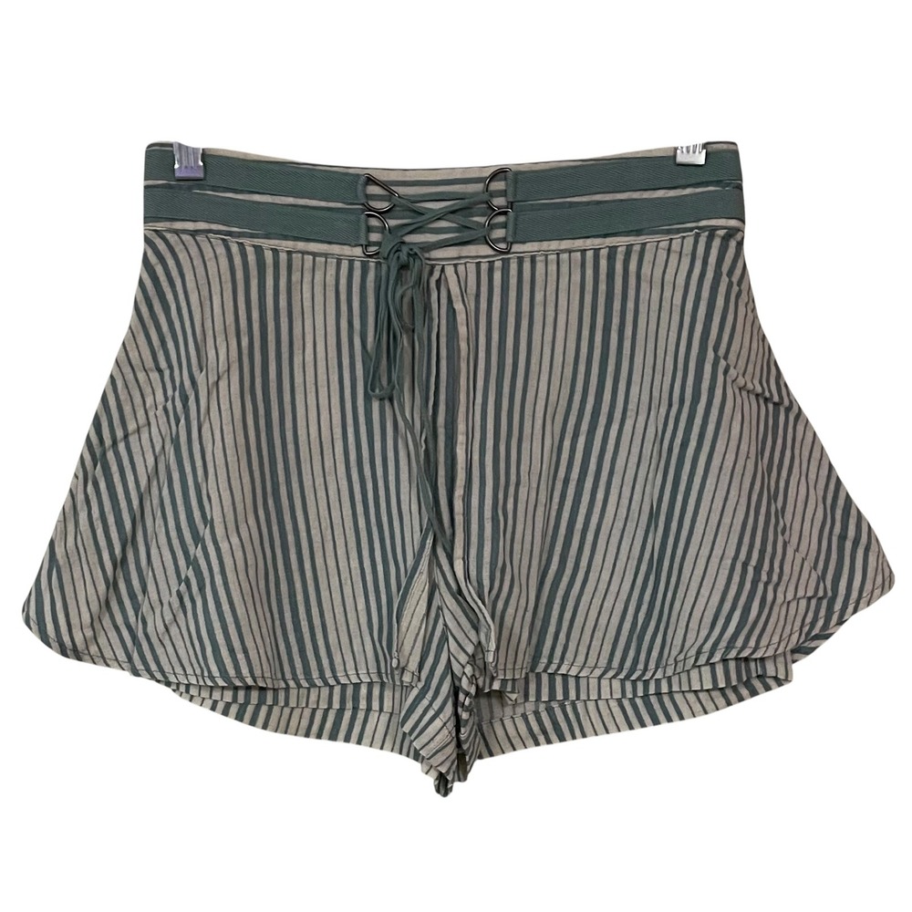 Free People Striped‎ Lace Up Skort Blue Green Cream Linen Blend Y2K Beach Boho 0